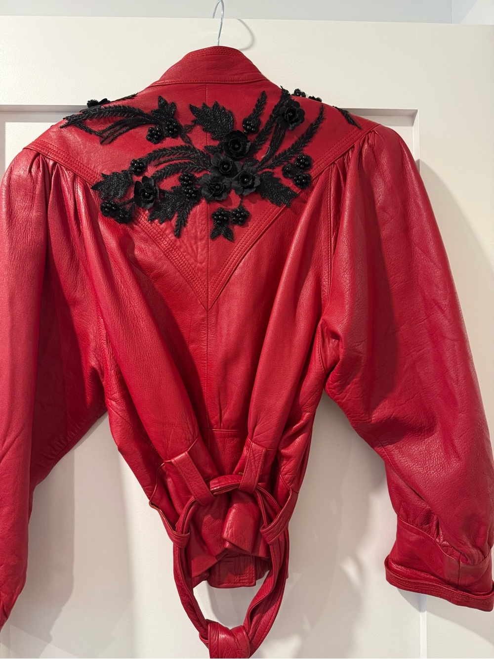 Red Vintage Leather Jacket with Embroidered Detail - Women - Picture 6 of 9